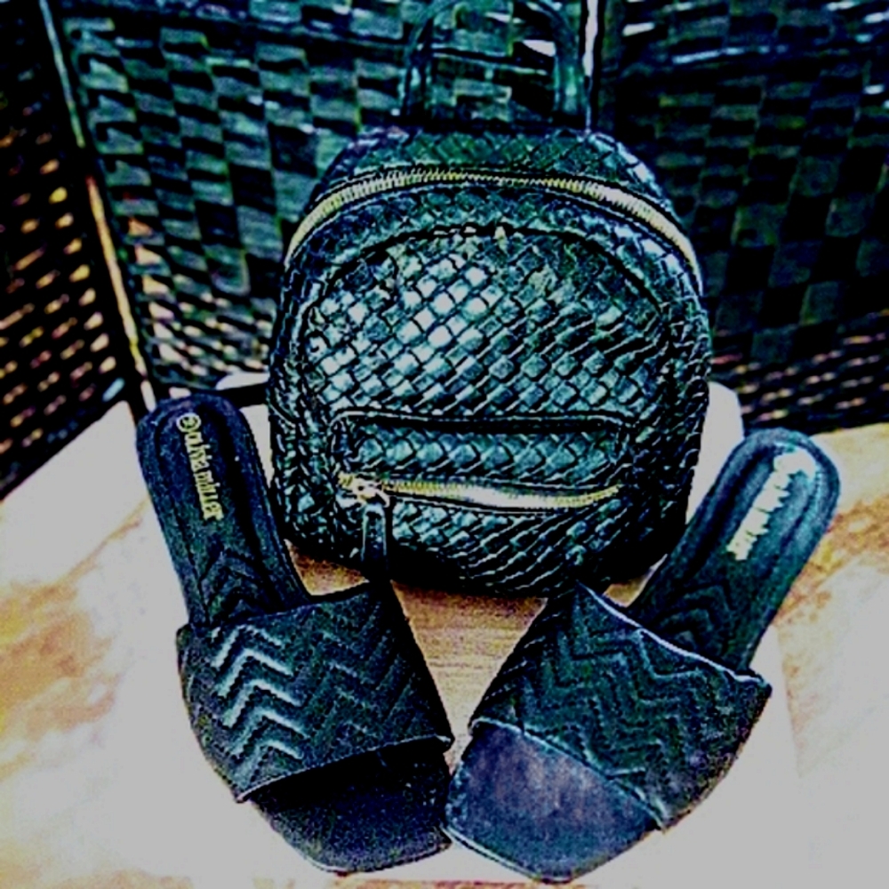 Black Quilted Backpack and Slide Sandals Set